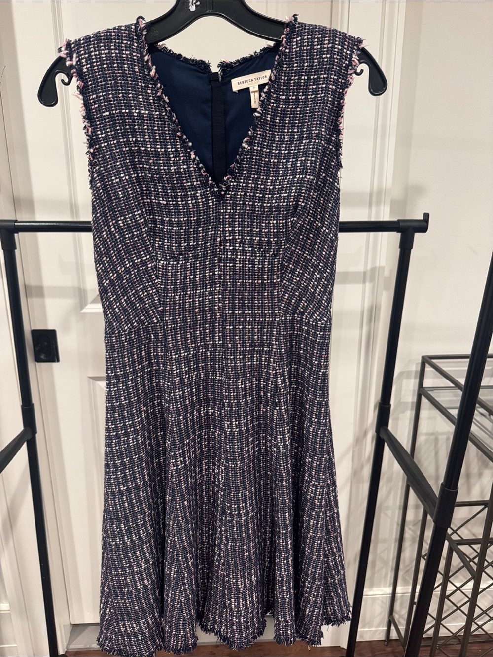 Rebecca Taylor Navy Tweed Fit-and-Flare Dress with Pink Threading